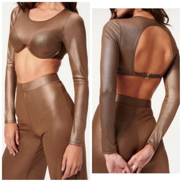 NWT Good American Mesh Underwire Crop Top Long Sleeve Mocha Foil Size 2 / Medium - Picture 1 of 12